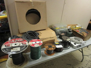 ELECTRICAL SUPPLIES, WIRE, STANDARD ELECTRIC ADJUST-A-VOLT, CONNECTORS, TOOLS, STORAGE BIN, MORE