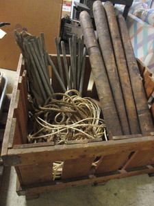 VINTAGE WOOD CRATE, WOOD POSTS, STEEL STAKES, ROPE