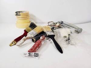 lot 052 image: Assorted Paint Brushes, Painters Tape & Rollers