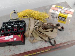 lot 209 image: 4 Husky 12 ft Rachet Tie Downs, Medium Sized Rachet Tie Downs,  Rope, Six Packs of Wooden Shims