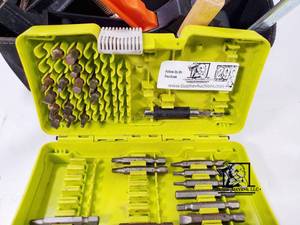 lot 299 image: Husky Toolbag w asst. tools (clamps Ryobi drill parts)