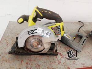 lot 223 image: Ryobi Cordless Handsaw Stanley Electric Stapler Heat Gun