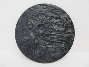 lot 22 image: Signed Vintage Native American Cast Iron Wall Plaque