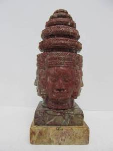 lot 28 image: Heavy Hand Carved Stone 4-Face Brahma Buddha Bust Sculpture