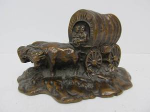 lot 31 image: Signed Antique Bronze Covered Wagon Bookend