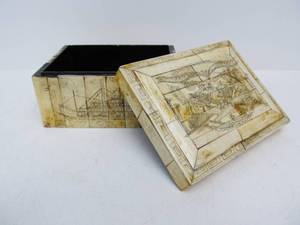 lot 35 image: Scrimshaw Style Bone Patriotic Eagle Naval Battle Scene Box