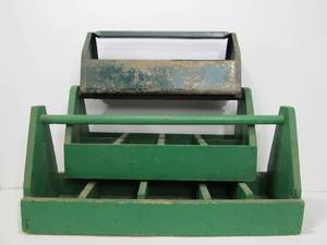lot 73 image: 3 Primitive Vintage Green Tool Carrier Boxes