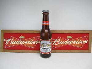 lot 93 image: Pair of BUDWEISER Beer Banner Signs & Large Bottle Coin Bank