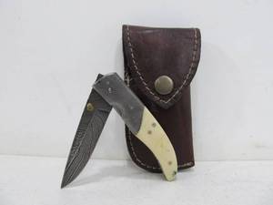 lot 65 image: Excellent Bone Handle Damascus Steel Folding Knife