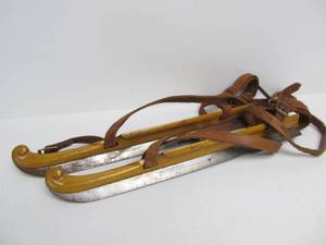 lot 130 image: Antique Scandinavian Wood & Leather Ice Skates