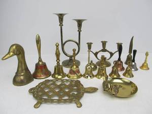 lot 209 image: Large Lot of Vintage Brass Bells & Other Brass Items