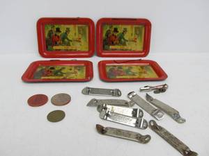 lot 212 image: Group of Vintage Miller High Life Tin Tip Trays & Beer Openers etc