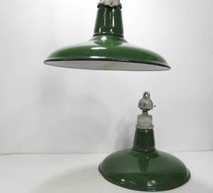 lot 280 image: Matched Pair of Vintage BENJAMIN Industrial Porcelain Gas Station Hanging Lights