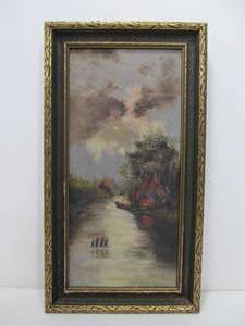 lot 277 image: Framed Antique Oil on Canvas Native American River Bank Scene
