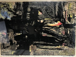 lot 295 image: LARGE Signed Mid Century Abstract Woodcut