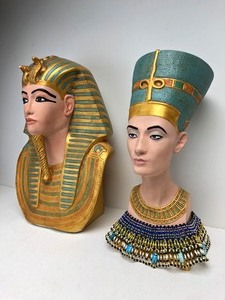 lot 302 image: Large Hand Painted StuccoPlaster Egyptian Bust Statues of King tut & Nefertiti 
