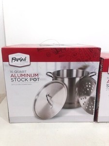 lot 316 image: 3 Brand New PARINI Aluminum Stock Pots wLids