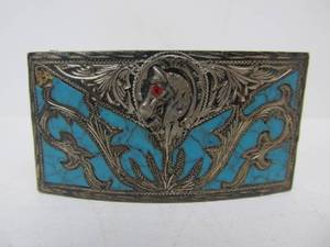 lot 155 image: Vintage Southwestern Turquoise Inlaid Sterling Silver Belt buckle wHorse