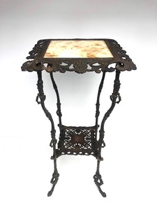 lot 78 image: Ornate Antique MarbleOnyx Top Solid Brass Plant Stand by National Brass & Iron Works