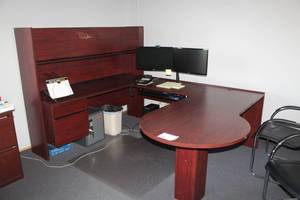 lot 98 image: U-Shaped Wood Executive Office Desk, Over-Desk Storage Cabinets, Computer Tray