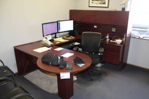 lot 97 image: U-Shaped Wood Executive Office Desk, Over-Desk Storage Cabinets, Computer Tray