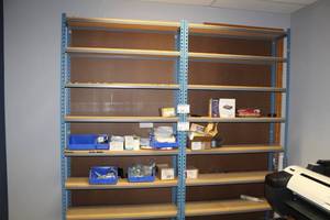 lot 65 image: Lot of (2) Metal Shelving Racks with Wood Shelves