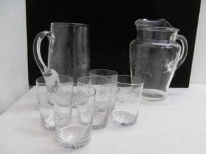 Beverage pitchers, glasses