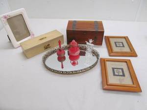 Dresser tray, wood boxes, vases, picture frames