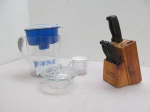 Water filler pitcher, measuring cup, glass dish, knives, etc