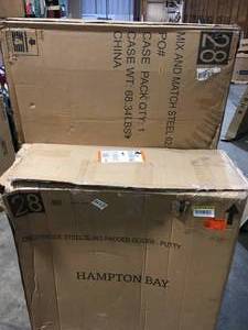 lot 50 image: HAMPTON BAY Mix and Match Black Outdoor Patio Dining Table,Crestridge Steel Padded Sling Outdoor Patio Glider SEE PICS
