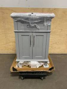 lot 26 image: HOME DECORATORS COLLECTION Sonoma 24 in. W x 20.25 in. D Vanity in Pebble Grey with Carrara Marble Top with White Sinks