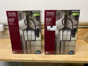 lot 31 image: HOME DECORATORS COLLECTION Lot of 2-  Aged Iron Outdoor LED Wall Lantern Sconces