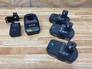 lot 94 image: RYOBI Lot of 3-  18-Volt ONE Lithium-Ion 1.5 Ah Compact Batteries with Charger