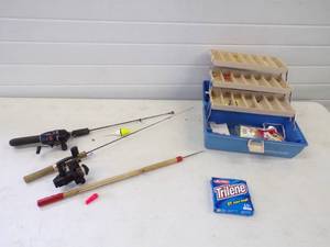 lot 23 image: 3 Ice Fishing Rods with Tackle Box and Tackle