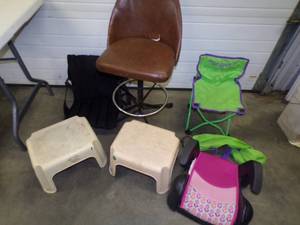 lot 66 image: Chair, pair of Stools, Stadium Seat, Kids Booster Seat and kids folding Char
