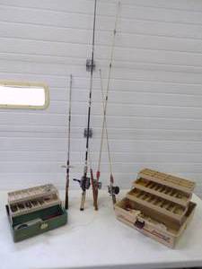 lot 73 image: Vintage Fishing Rods with 4 Reels and 2 Tackle boxes