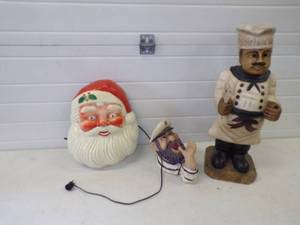 lot 76 image: Vintage Metal Lighted Santa Sign and Wine Holder with Cook