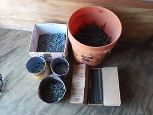 lot 15 image: 1-14 & 2 Finish Nails, Bucket Of 6 Ring Shanks, Other Nails & Screws