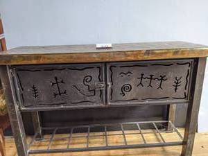 lot 20 image: Cast Iron Buffet Table with Burnished Copper top and Tribal Accents
