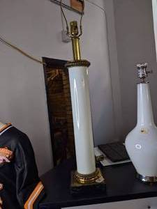 lot 384 image: Cylindrical Glass and Brass Table Lamp