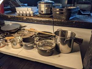 lot 112 image: Lot of Pots , Pans, and other Kitchenware.