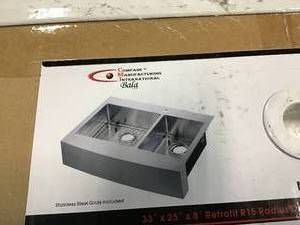 lot 28 image: CMI Brimley Retrofit Dual Mount Stainless Steel 33 in. 1-Hole 6040 Double Bowl Curved Farmhouse Apron Front Kitchen Sink SEE PICS