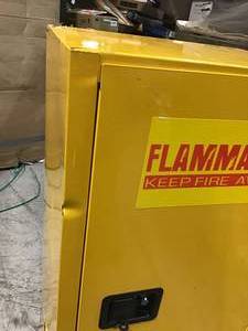 lot 29 image: EDSAL 4 in. H x 23 in. W x 18 in. D Steel Freestanding Flammable Liquid Safety Single-Door Storage Cabinet in Yellow SEE PICS