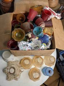 lot 171 image: Brimming Box of Colorful Hobnail Chimney Glass Shades