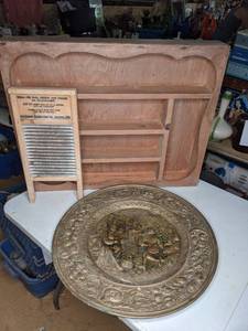 lot 199 image: Vintage Washboard, Brass Wall Art and Shelf