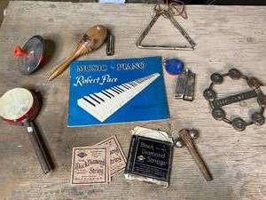 lot 147 image: Assorted Vintage Percussion Instruments  Guitar Strings  Harmonica