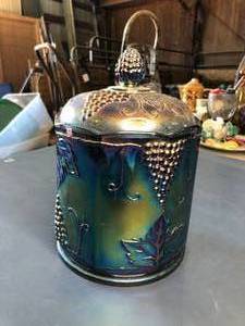 lot 291 image: Vintage Iridescent Carnival Glass Container with Cover