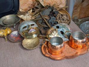 lot 175 image: Vintage Brass Masquerade Masks with 2 Bronze Drinking Cups