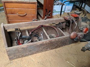 lot 139 image: Large Wood Tool Box Plus Assorted Hand Tools