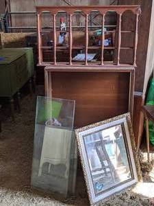 lot 270 image: Wood Display with Glass & Wall Mirr...
